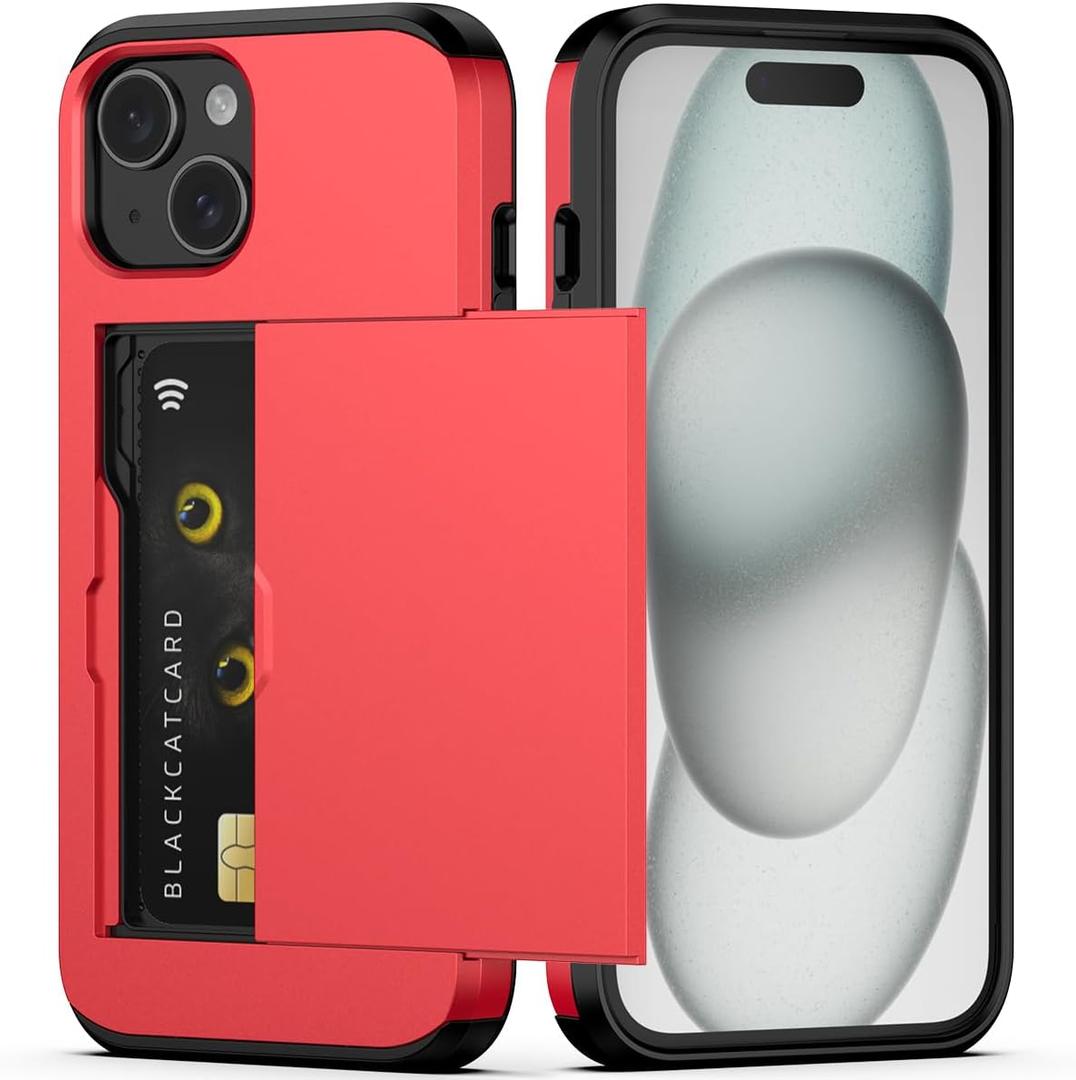 Nvollnoe Compatible with iPhone 15 Case with Card Holder Heavy Duty Protective Dual Layer Shockproof Hidden Card Slot Slim Wallet Phone Cover for Women&Men 6.1 inch(Red)