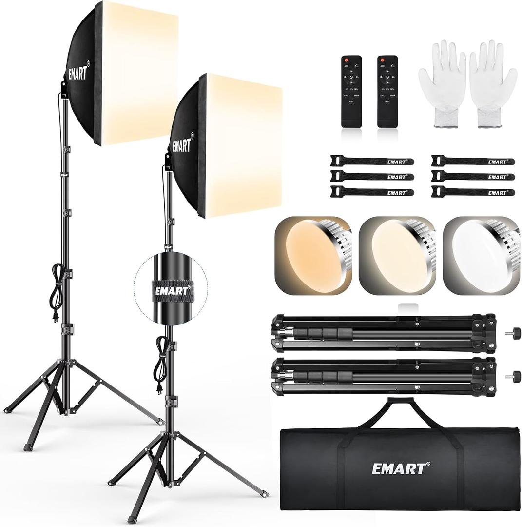 EMART Softbox Lighting Kit, 16"X16" Soft Box, 3000K-6000K 85W LED Bulbs with Remote, 65" Tripod, Professional Softbox Photography Lighting Kit for Studio Lights, Portrait, Video Recording(2PACK)