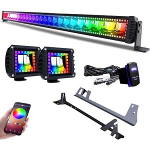 RGBW LED Light Bar 52Inch 300W Flood Spot Combo 2x 4Inch Flood RGB LED Pods w/ 16 Solid Colors Chasing Ring Changing with Strobe Flashing + Upper Windshield Mounting Brackets Fit Wrangler JK 2007-2018