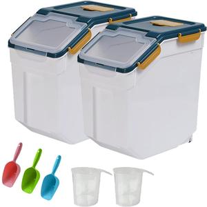 25LB Large Flour Storage Container Bin ,2 Pack Airtight Plastic with Wheels Seal Locking Lid Dispenser Organizer Storage Bin with Measuring Cup & Scoop for Flour, Rice, Grain 50LBS Total, 13 Inches