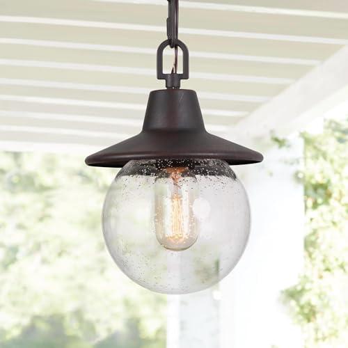 KSANA Globe Outdoor Pendant Light Fixture, Farmhouse Exterior Lights with Seeded Glass, Anti-Rust Ceiling Outdoor Light, Sphere Hanging Lantern for Front Door, Entry, Porch, and Gazebo, Bronze