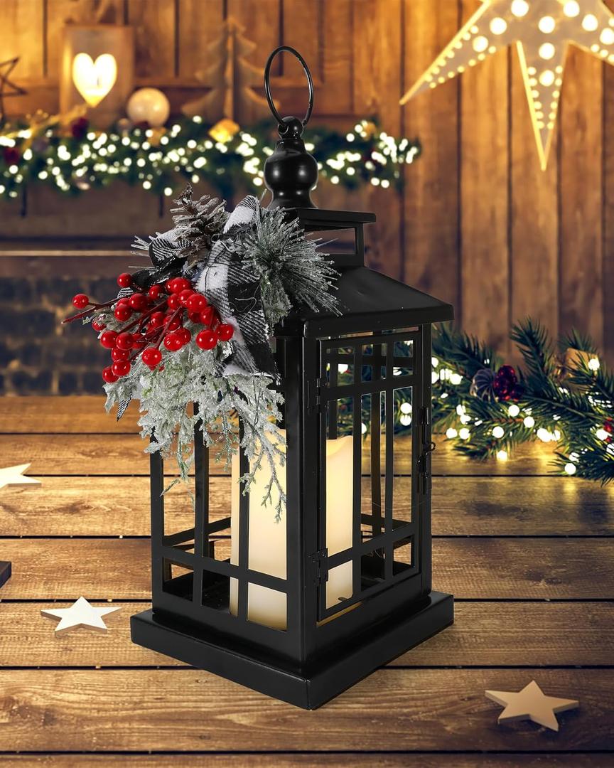 iStatue Metal Black Christmas Lantern with Flameless Candle, 14'' Modern Farmhouse Decor Festive Holiday Rustic Home Xmas Gifts for Indoor / Outdoor (Xmas)