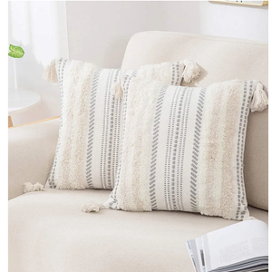 decorUhome Decorative Boho Throw Pillow Covers 18x18 Set of 2, Accent Neutral Textured Tufted Pillow Covers Striped for Couch Bed Sofa Living Room, Beige and Cream White