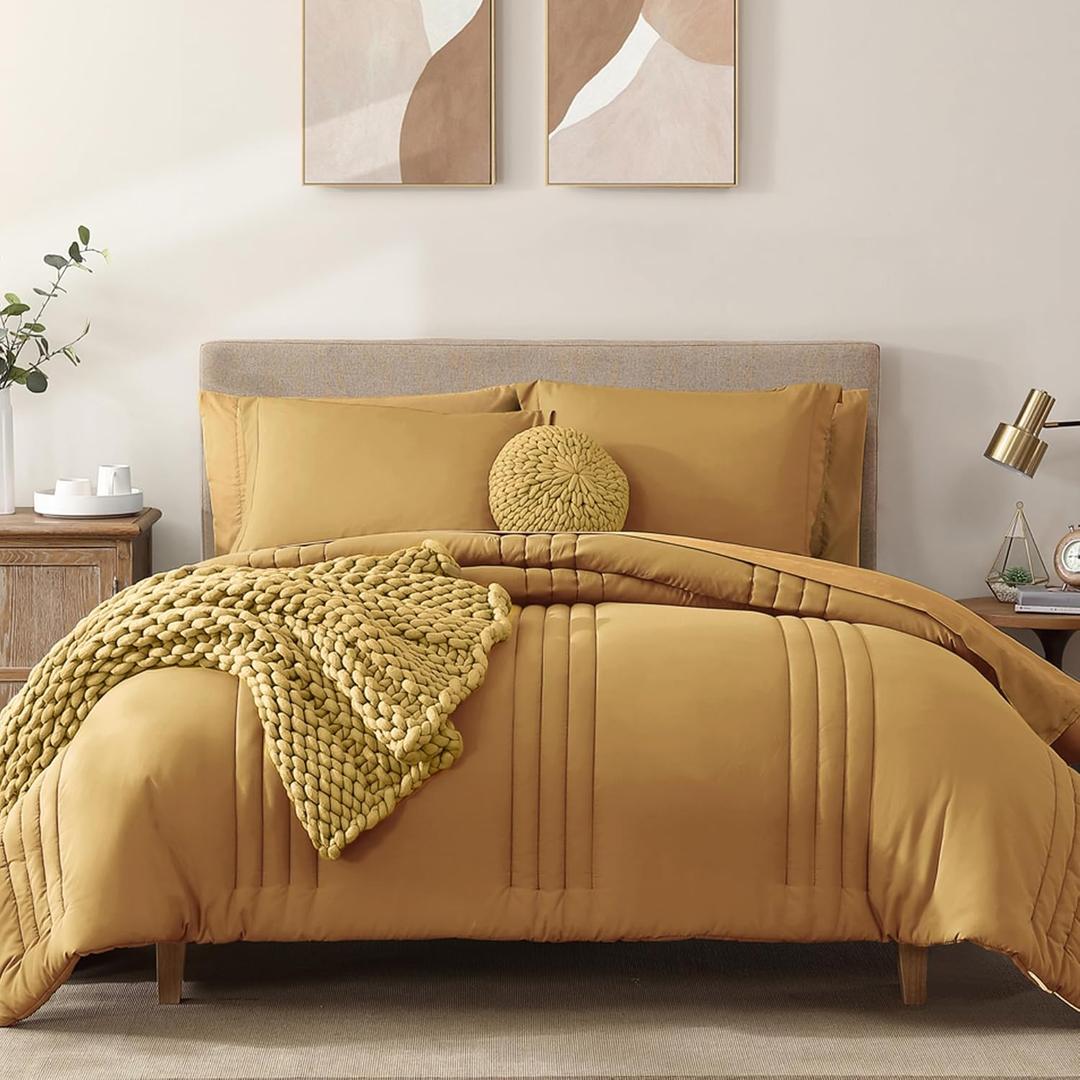 Monbix Queen Comforter Set - 7 Pieces Desert Yellow Bed in a Bag Queen Bedding Sets with Comforters, All Seasons Comforter Bed Set with Sheets, Pillowcases & Shams (Queen(90"X90"))