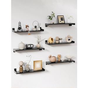 FNBAR Floating Shelves for Wall, Shelves for Decor Storage Set of 6, Wall Mounted Wood Shelf for Bedroom, Living Room, Bathroom, Kitchen, Long Picture Ledge Shelves (Black)