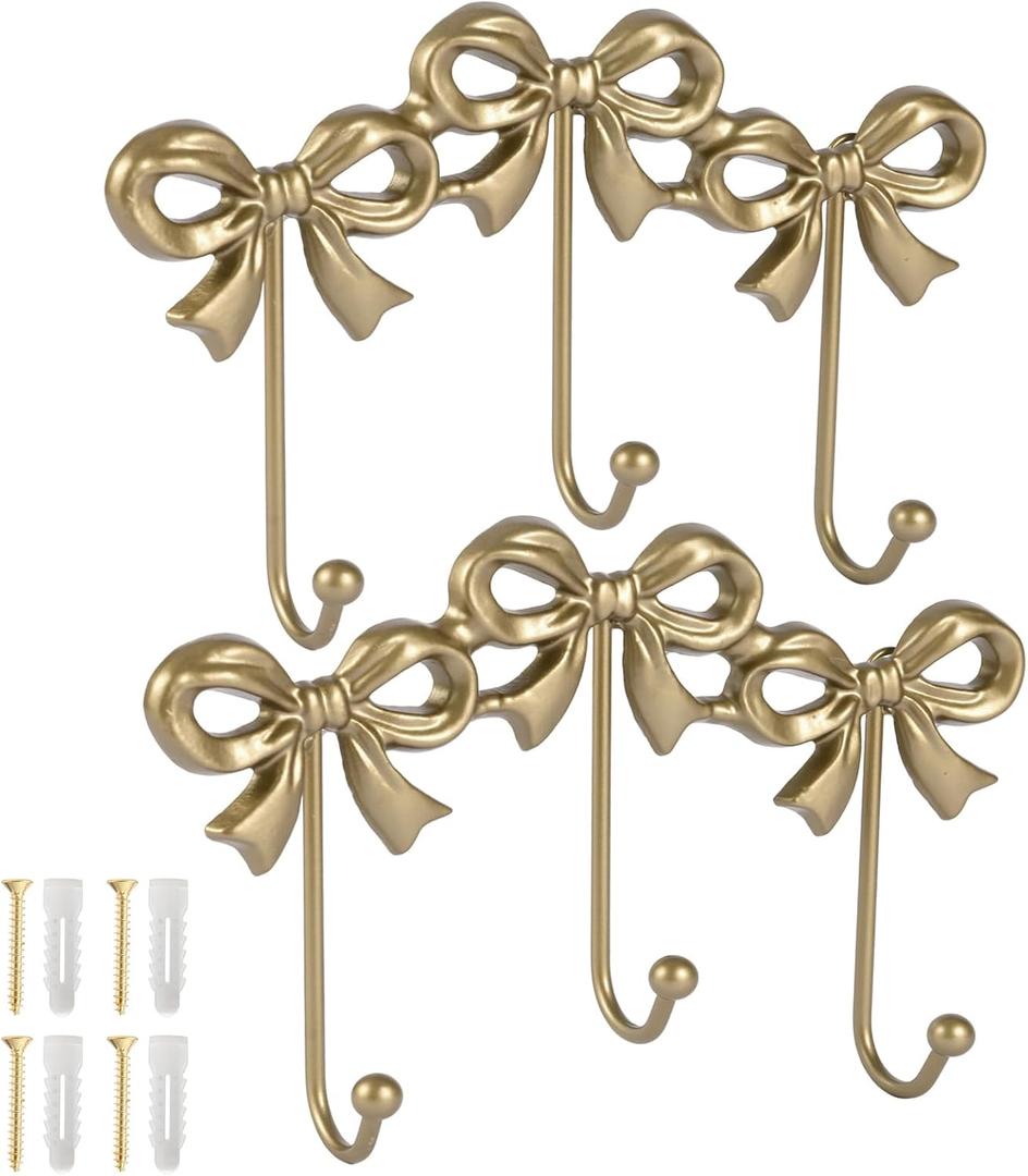 2Pcs Gold Bow Hooks Coat Rack, Wall Mount Coat Hook, Bow Room Wall Decorations, Wall Hook for Hanging Coat, Hat, Jacket (Gold