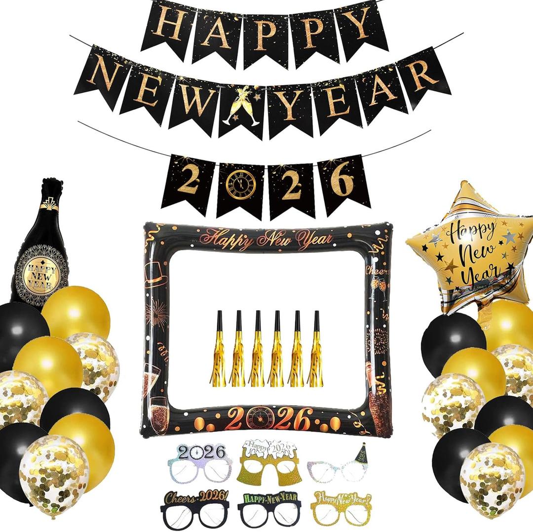 2026 New Years Eve Party Decorations With Happy Year Banner, New Year Eyeglasses, Gold Blowouts For Black and Gold Funny Photo Booth Props For New Years Eve Party Supplies
