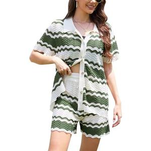 diumMoreone 2 Piece Lounge Set Women Short Sleeve Striped Crochet Knit Sets Two Piece Button Up Pajamas with Drawstring Shorts M