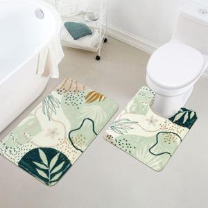 Uphome Bath Mats for Bathroom, Cute Green Plant Toilet Rugs U Shaped, Non Slip Washable Soft Bath Mat, Abstract Botanical Bathroom Carpet, Mid Centry Aesthetic Contour Bath Rug for Toilet Sink Tub (20x31+U Shape 20x24 inch)