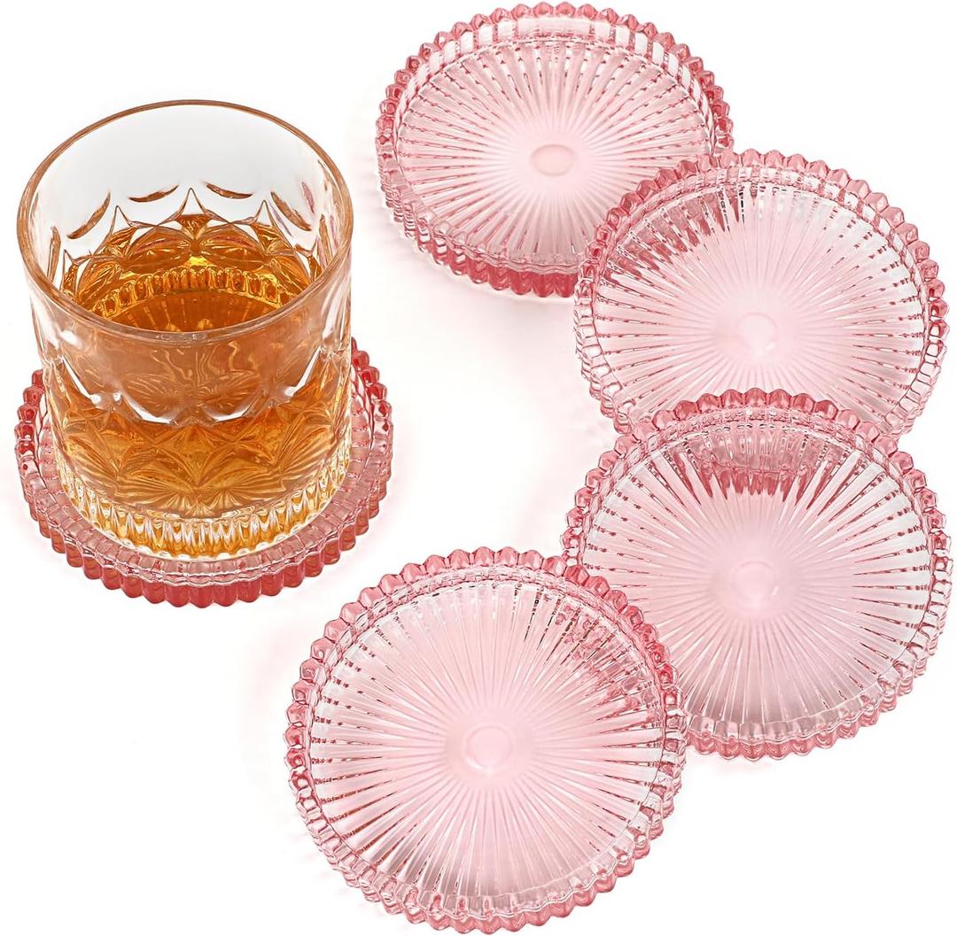 Modern Clear Pink Glass Coasters Set of 5 - Crystal Coasters for Drinks, Round, 4 Inch, Dishwasher Safe