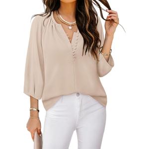 Womens Blouses Dressy Casual V Neck 3/4 Sleeve Tops Fashion Boho Loose Fit Button Down Shirts,  Beige, Medium