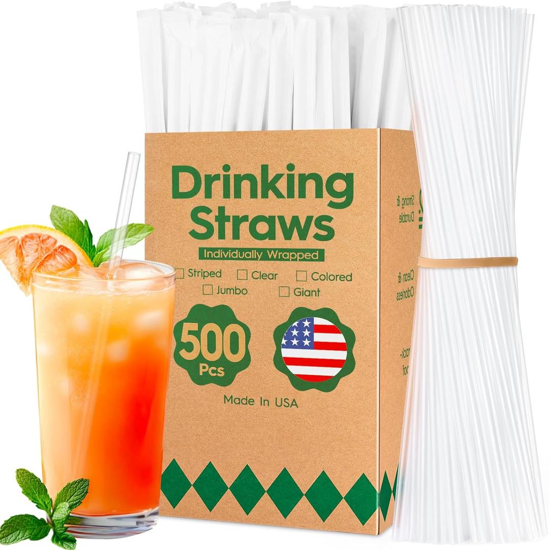 Delxo 500 Count Individually Wrapped Clear Plastic Straws - 7.75 Inch Long, 0.23 Inch Diameter - Disposable Drinking Straws for Party, Every Occasion - Made in USA