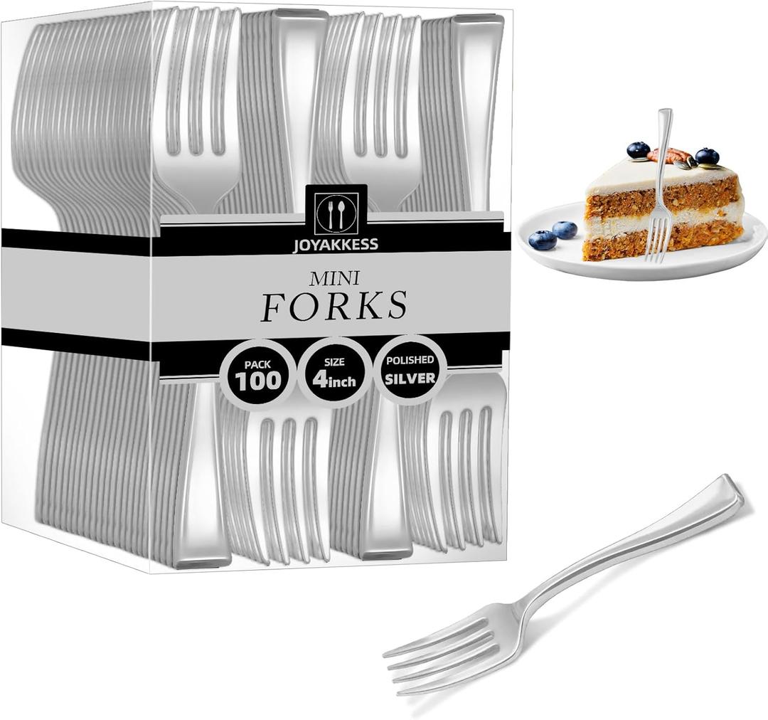 6 x 100 PCS Silver Mini Forks Heavy Duty, 4 inch Silver Plastic Fork, Mini Forks for Appetizers, Dessert Fork Disposable, BPA Free, Food Safe, Suitable for All Occasions