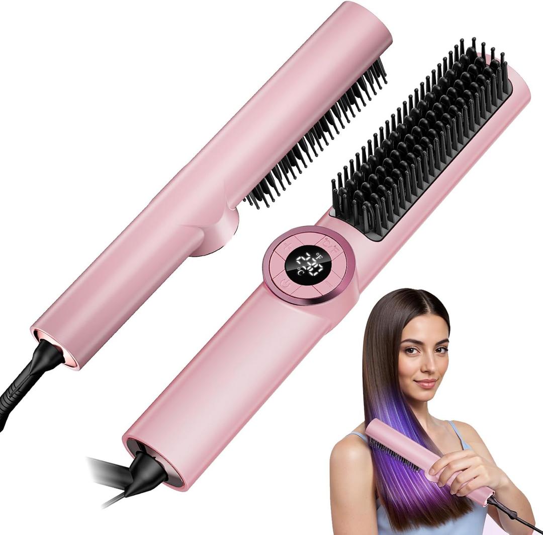 Hair Straightener Brush: Upgraded Straightening Comb for Women with Dual Voltage, Pink