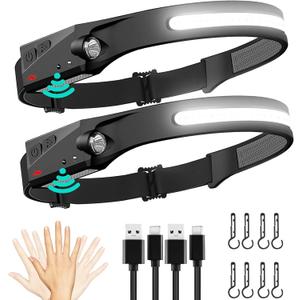 FBKK Rechargeable LED Headlamp 2 Pack, 230Wide Beam Head Lamp with Motion Sensor, Waterproof Lightweight Headlight Flashlight for Camping, Hiking, Running, Outdoor for Adults and Kids