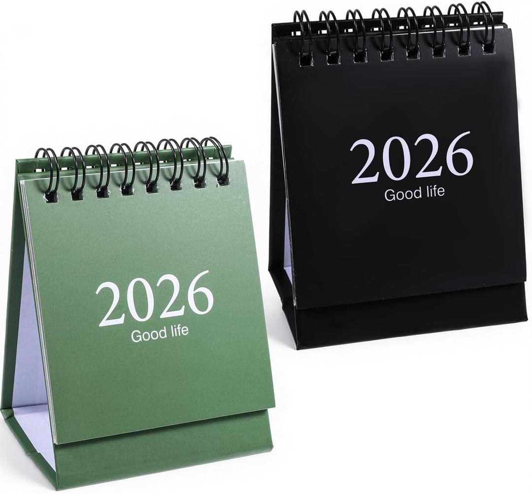 2026-2027 Mini Desk Calendar 2-Pack 18 Months Compact Standing Flip Calendar, Twin-Wire Binding, Clean Monthly Layout, Sturdy Cardstock, Cute Retro Design for Home Office School (Black, Green)
