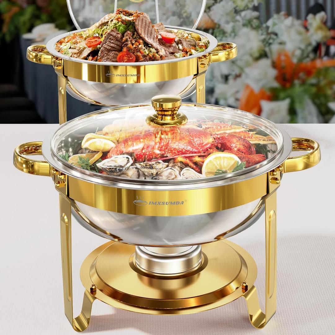 Chafing Dish Buffet Set 2 Pack, 5QT Gold Round Chafing Dishes for Buffet, High Grade Chafers and Buffet Warmers Sets with Glass Lid, Rolled-Edge Food Warmers for Parties, Weddings, Catering, Gold 