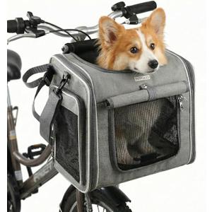 Dog Bike Basket,Eapandable Foldable Soft-Sided pet Front Bicycle Carrier Backpack with 4 Open Doors, 4 Mesh Windows for Small Medium Dog Cat Puppies, Car Booster Seat with Safety Strap (Grey)
