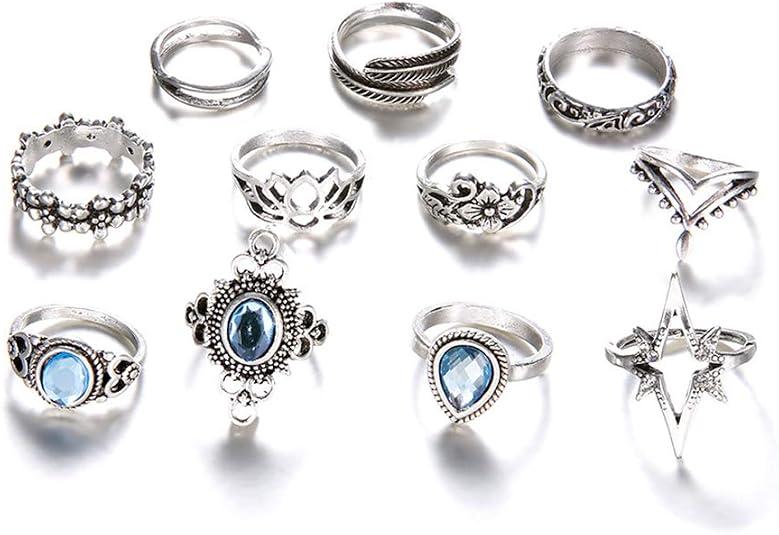 11 Pcs Bohemian Stackable Joint Knuckle Ring Set Carved Flower Star Leaf Gemstone Midi Ring Vintage Finger Rings for Women