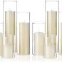 Shihanee Set of 8 Ivory Pillar Candles and Glass Cylinder Vases 4 Sizes Clear Cylinder Holders for Pillar Candles Home Table Centerpieces Decoration