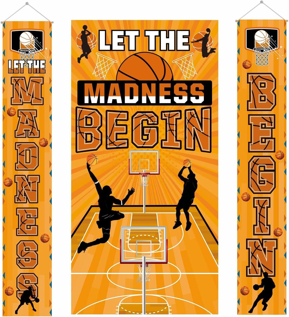 Basketball Party Decorations 3Pcs Let The Madness Begin Door Banner Basketball Porch Sign for Indoor Outdoor Madness Basketball Party Supplies