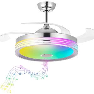 48 inch Modern Retractable Ceiling Fan with Lights and Remote Control, 6Speed Dimmable Fandelier, Smart Ceiling Fan Light with Bluetooth Speaker, RGB Color Reversible Bedroom Living Room, Chrome