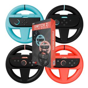 Orzly Racing Steering Wheels Compatible with Switch 2 (2025 Console)  Party [Pack of 4] Joy-Con Controller Attachments for MarioRacing Games (2 Black, 1 Blue, 1 Red) Gift Boxed (7.9 inch Switch 2)