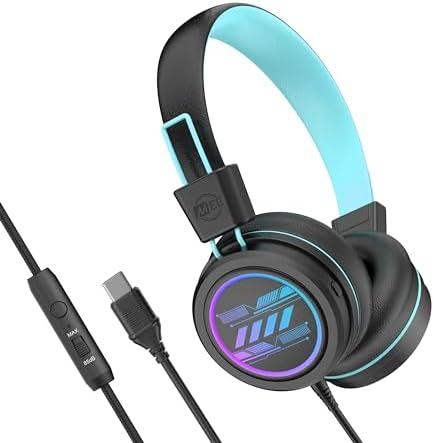 MEE audio KidJamz KJ55 Safe Listening USB-C Headphones for Children with Multicolor LED Lights, Volume Limiter, & Microphone; On-Ear Wired Kid Headset for iPhone 16, iPad, & USB Type C Devices (Black)