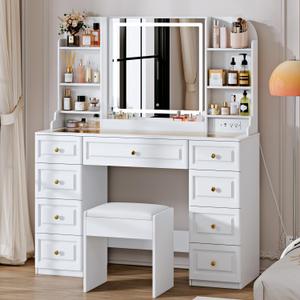 42" Makeup Vanity Desk with Mirror and Lights, & Power Outl, Glass Top Big Vanity Table with 9 Drawers& 8 Storage Shelves, Dressing Table Set with Chair for Bedroom, White (15.75D*43.31W*57.48H)