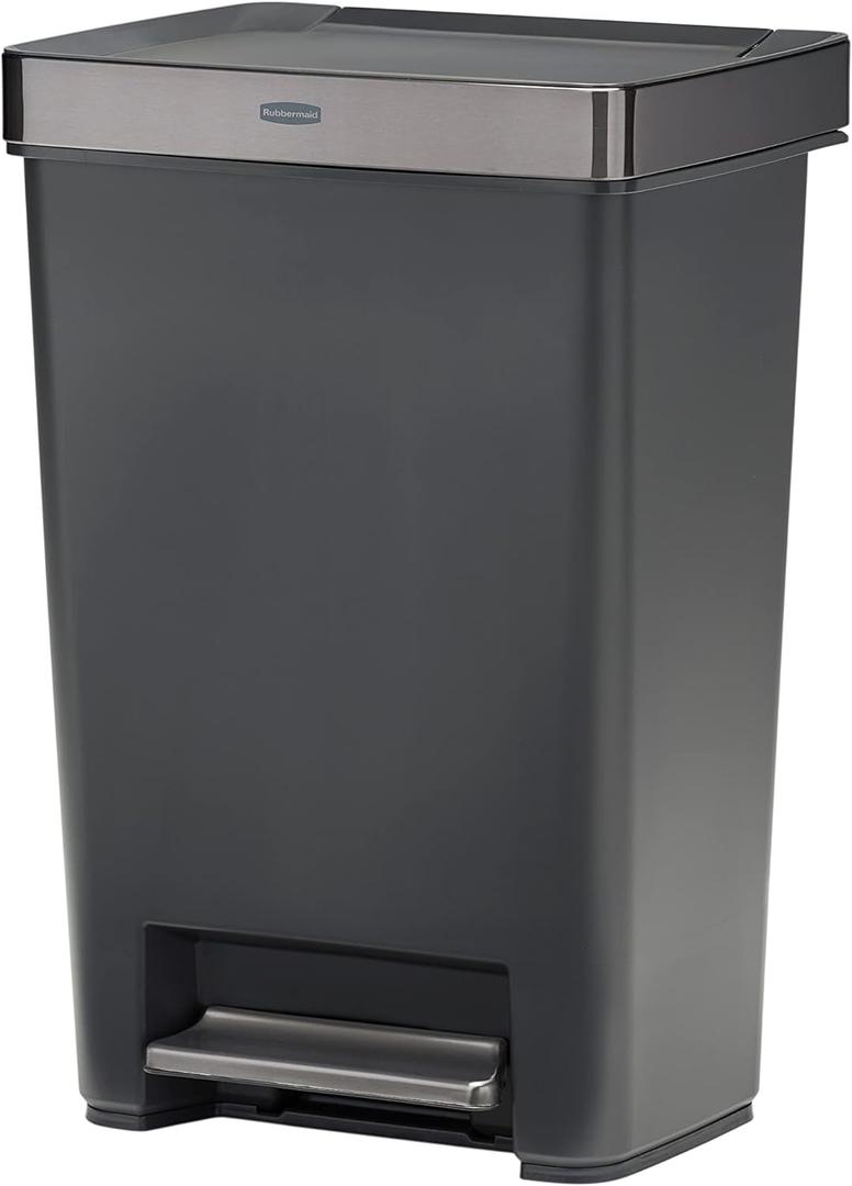 Rubbermaid Premier Series III Step-On Trash Can for Home and Kitchen, with Stainless Steel Rim, 13 Gallon, Charcoal, for Home/Kitchen/Hotel/Lobby/Office