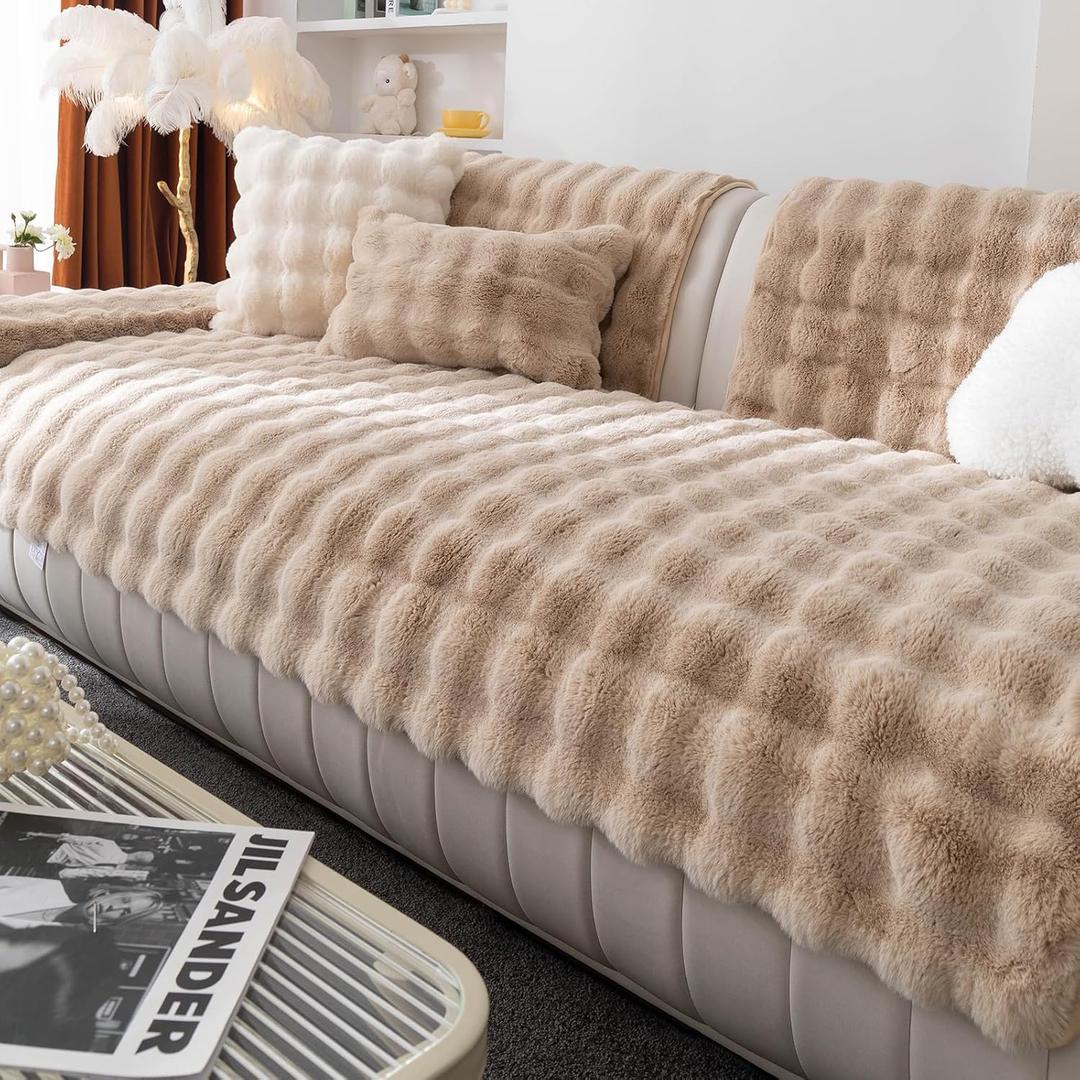 Faux Fur Couch Cover, Soft Warm Plush Sofa Couch Cover, Non Slip Sectional Sofa Slipcovers for L Shaped, Washable Furniture Protector for Kids, Dogs(Khaki, 36"x 63")