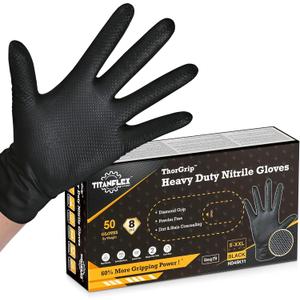 TitanFlex Heavy Duty Black Industrial Nitrile Gloves with Raised Diamond Texture, Latex Free (M, 8mil)