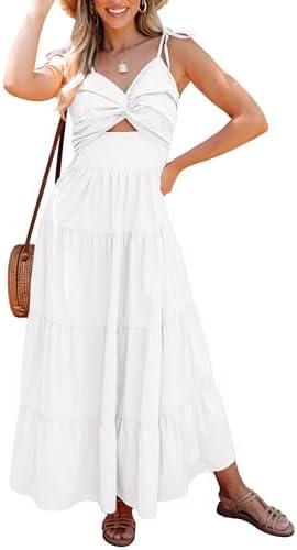 luvamia Long Flowy Dresses for Women Tiered Cut Out Midi Dress Self Tied Spaghetti Strap Summer Vacation Dinner Outfit, Size L