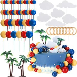 61 Pcs Cake Topper Blue Gold Cake Decorations Theme Forest with Tree Red Blue Yellow Cartoon Themed Cupcake Decor for Baby Shower Anniversary Video Game Birthday Party Supplies