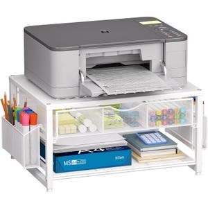 Marbrasse Metal Printer Stand for Desk with Storage Drawer and 2 Pen Holders, 2-Tier Desktop Organizer Printer Table for Home Office, Multi-Purpose Desk Organizer for Fax Machine Scanner Files(White)