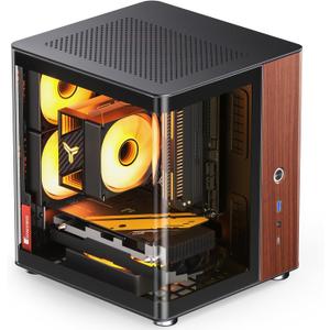 JONSBO TK-0 Black ITX Mini Tower Pc CASE, Hyperboloid Glass Desktop Design,Separated Cabinet Structure, Al Alloy Shell DTX/ITX Walnut Wood Computer Case, Sff Case,Black