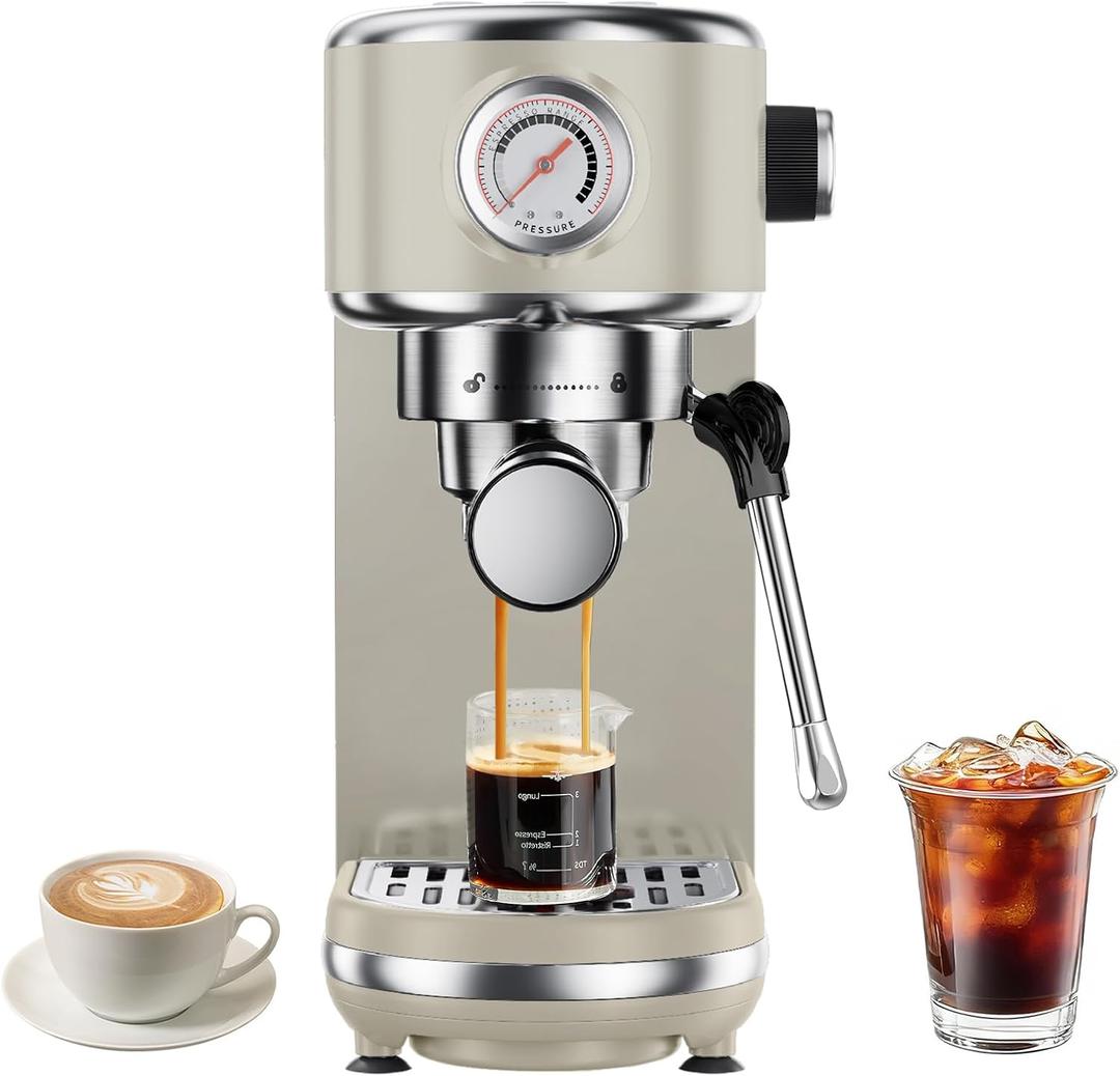 Atatix 20 Bar Espresso Machine with Milk Frother, Compact Espresso Maker, Stainless Steel Coffee Machine with Precise Temp Control & 44oz Removable Water Tank for Latte, Cappuccino, Light Grey