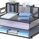 SUPEASY 3 Tier Desk Organizer with Handle & 3 Pen Holders, Mesh Paper/File Organizer for Desk, Paper Letter Tray Organizer for Office Supplies (Black)