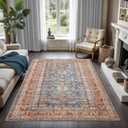 GLN Rugs Traditional Collection - Machine Washable Area Rug, Traditional Washable, Non Slip, Low Pile Chenille Rug, Living Room, Bedroom, Kitchen Rug (9'x12' Terra and Blue)