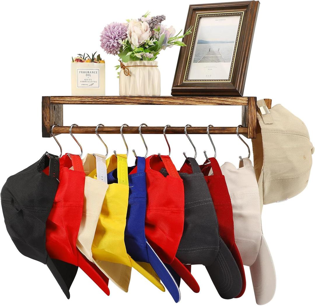 CypherX 30 Caps Wood Hat Organizer, Hat Rack Organizer with Shelf for Baseball Caps, Hanger Holder with Hooks for Trucker Hat Snaphats