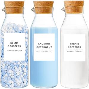 Glass Laundry Detergent Dispenser Set with Cork Lids, Fabric Softener Dispenser, Easy Pour 3 Pack Laundry Bottles, Liquid Detergent Containers, Scent Booster & Bleach Container for Laundry Room