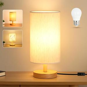 Desk Lamp LED Bulb Included, Small Bedside Table Lamp Plug-in - Classic Wood Base with Flaxen Fabric Shade, Lamps for Night Stands, Simple Nightstand Light for Bedroom, Office, Desk