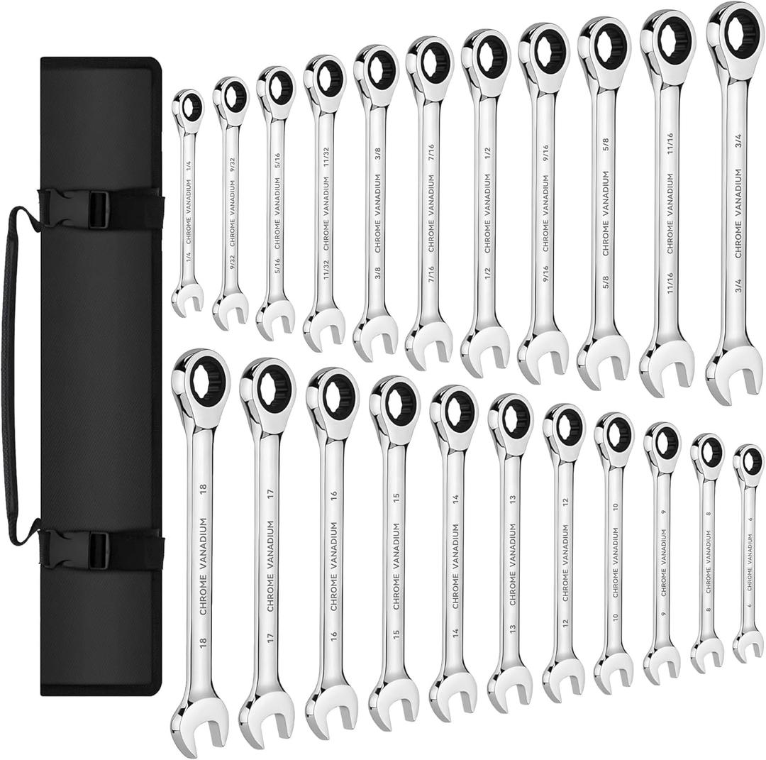 KOOPOOL Ratchet Wrenches Set, 22-Piece Combination Wrench Set, Metric & SAE, Anti-Slip Grip, CR-V Steel, 1/4" to 3/4" & 6mm to 18mm, Portable Oxford Pouch Organizer