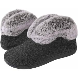 Women's Memory Foam House Slippers with Hard Bottom, Fur Lined House Shoes with Non-Slip Rubber Sole for Indoor & Outdoor (Bootie Black, Size 9)
