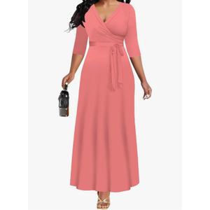 Women's Casual Maxi Dress Solid Bohemian Summer Dress Wrap V Neck 3/4 Sleeves Elegant Wedding Guest Midi Dress Belt, Medium