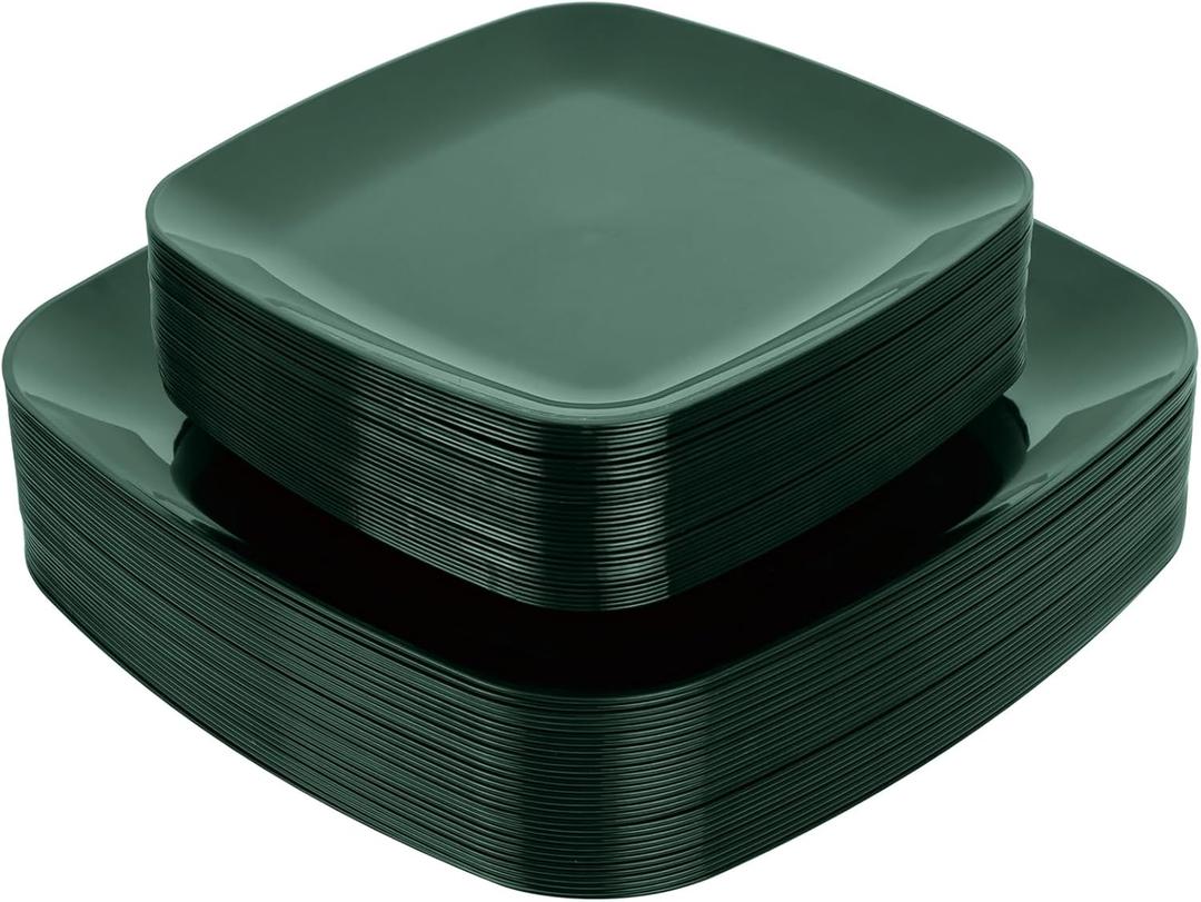 PULOTE 60PCS Green Square Plastic Plates - Green Disposable for 30 Green Guests Include 30 Dinner and 30 Dessert Plates for Party&Christmas