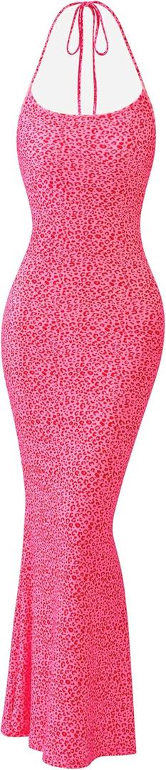 PRETTYGARDEN Maxi Dresses for Women 2025 Summer Halter Leopard Print Backless Sexy Bodycon Cocktail Beach Long Dress, xl