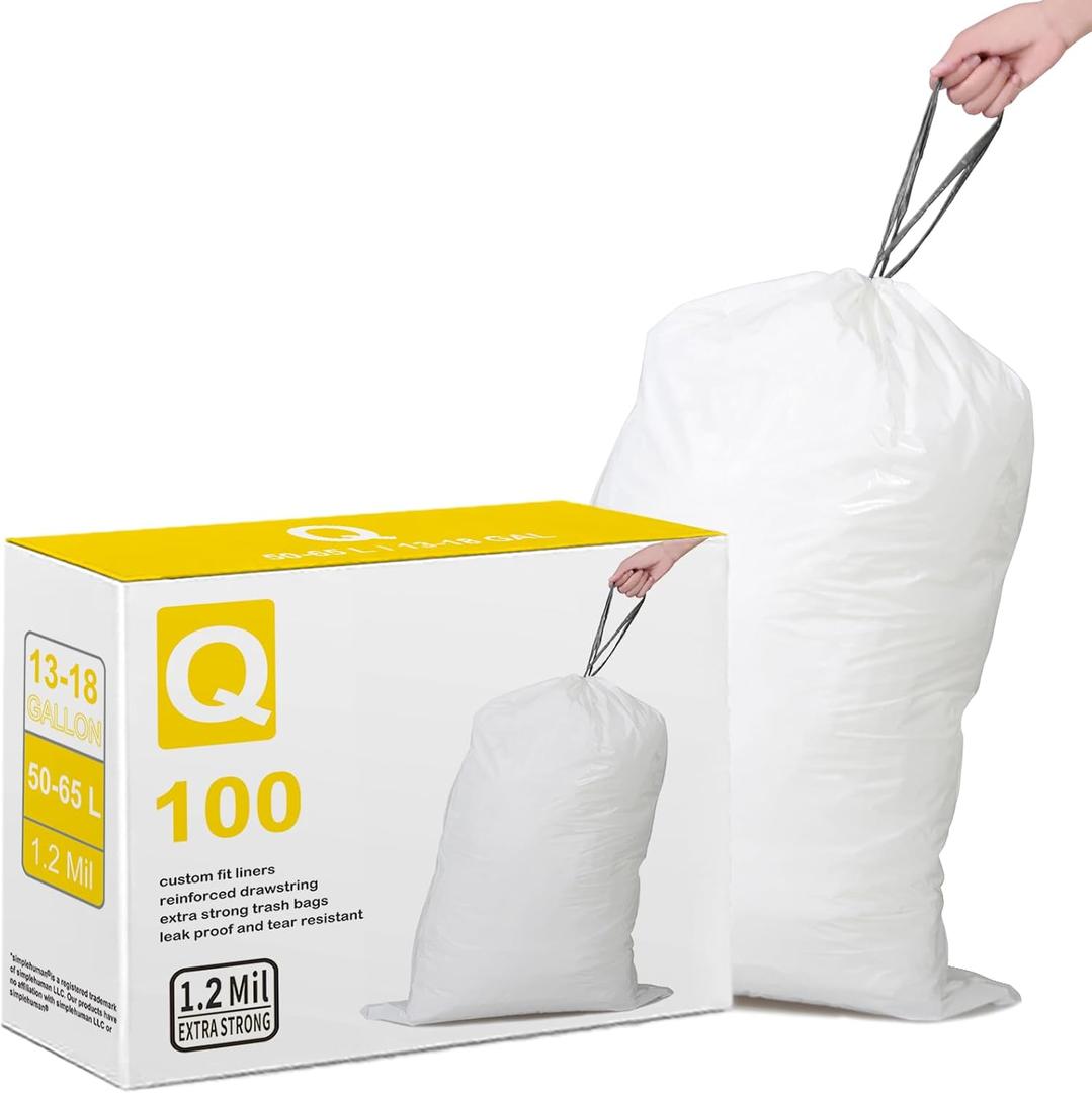 Code Q Heavy Duty Trash Bags 100 Count 1.2 Mil THICK Compatible with simplehuman Code Q Trash Can | 1.2 Mil | 13-17 Gallon 40-65 Liter Heavy Duty White Garbage Can Liners