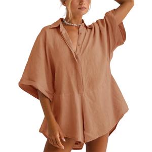 Women One Piece Jumpsuit V-Neck Half Button Collared Rompers Short Sleeve Onesie Playsuit Loose Overalls for Summer (Small, Orange)
