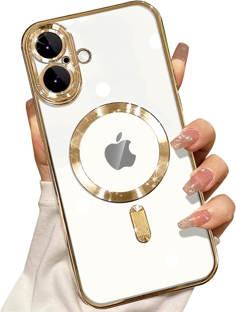 Misscase for iPhone 16 MagSafe Case with Camera Lens Protector,Full Protection Clear Magnetic Case Compatible with MagSafe Elegant Anti-Scratch Case Cover for iPhone 16 Gold